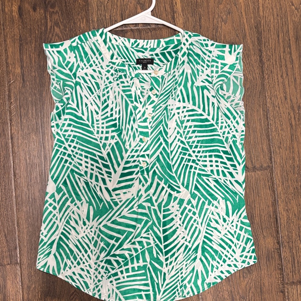 Talbots Green and White Leaf Print Blouse